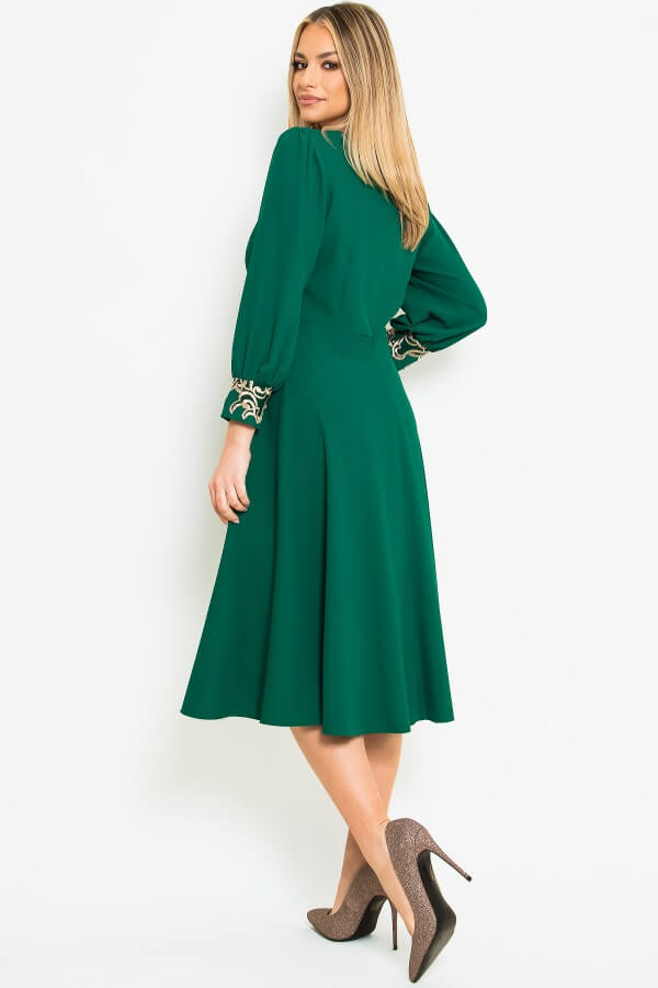 rochie dama verde midi in clos maneca trei sferturi
