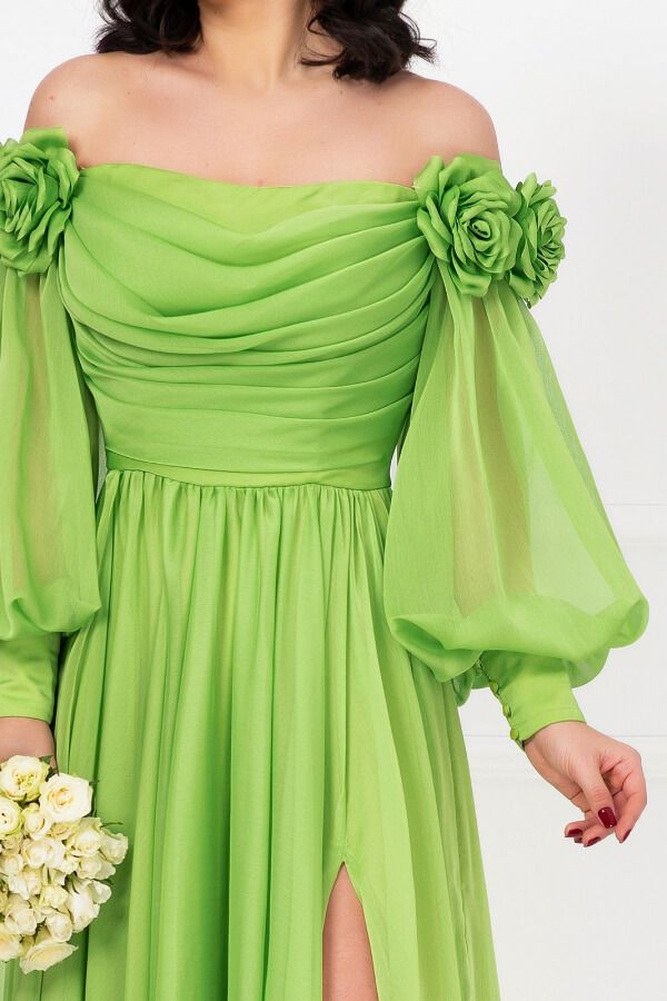 rochie de lux verde lunga din voal fin vaporos croi de printesa