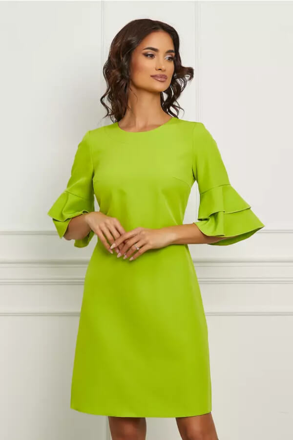 rochie de zi verde lime cu maneci trei sferturi