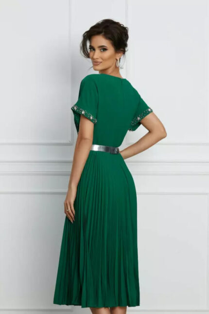 rochie dama verde eleganta cu aplicatii stralucitoare si curea in talie