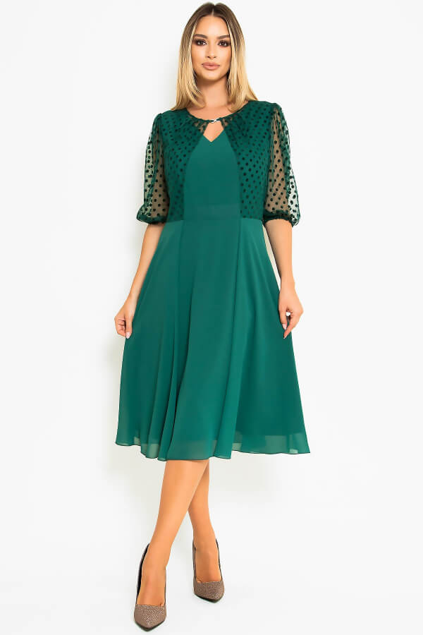 rochie eleganta din voal verde cu maneci trei sferturi midi