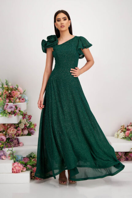 rochie de nunta lunga cu aplicatii cu sclipici verde-inchis asimetrica