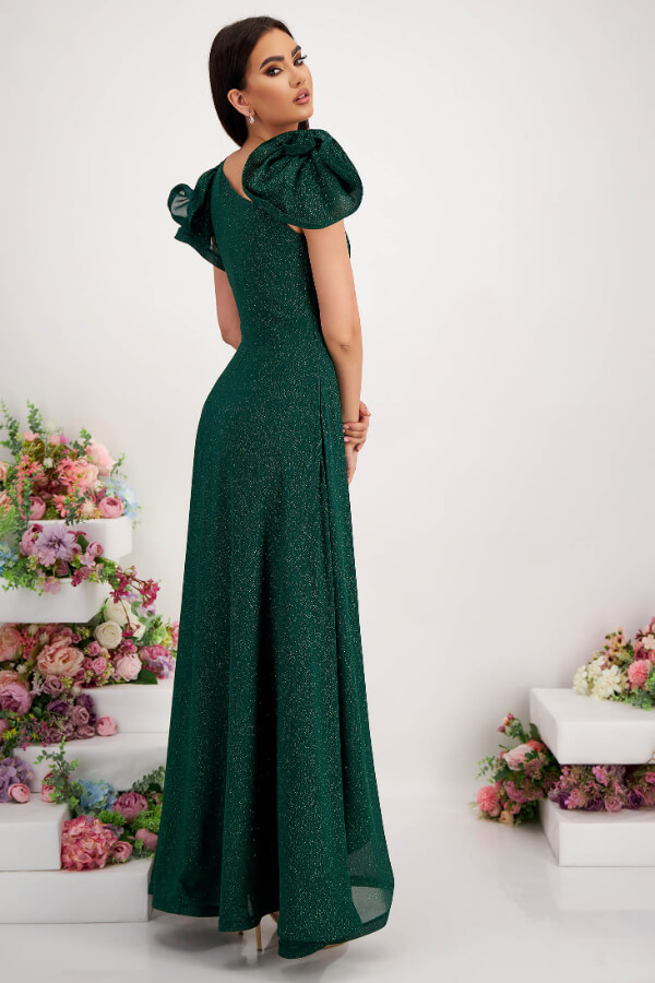 rochie de seara din georgette cu aplicatii cu sclipici verde-inchis
