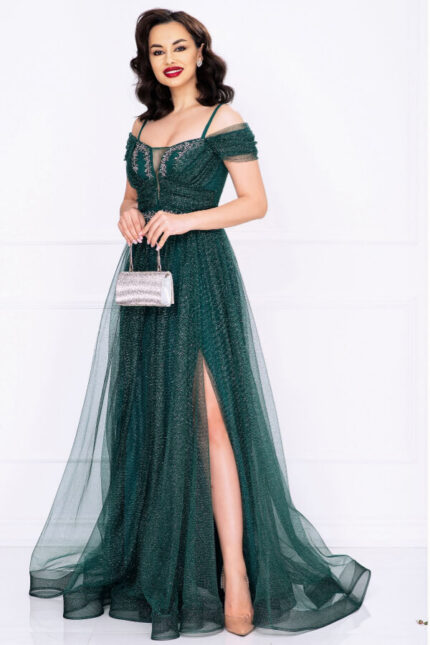 rochie lunga de seara verde eleganta cu sclipici din tulle