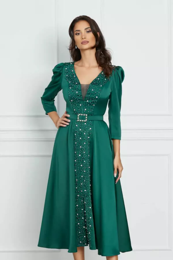 rochie din satin eleganta verde cu strasuri si bilute