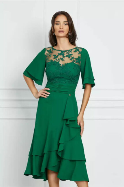 rochie dama eleganta verde din triplu voal cu bust din dantela