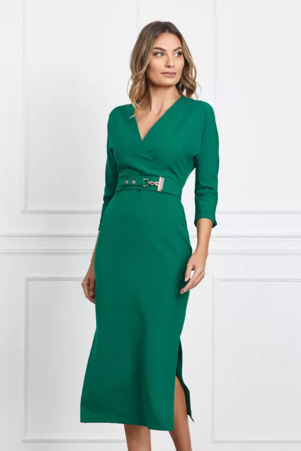rochie office verde cu crepeuri laterale pe fusta si curea in talie din stofa