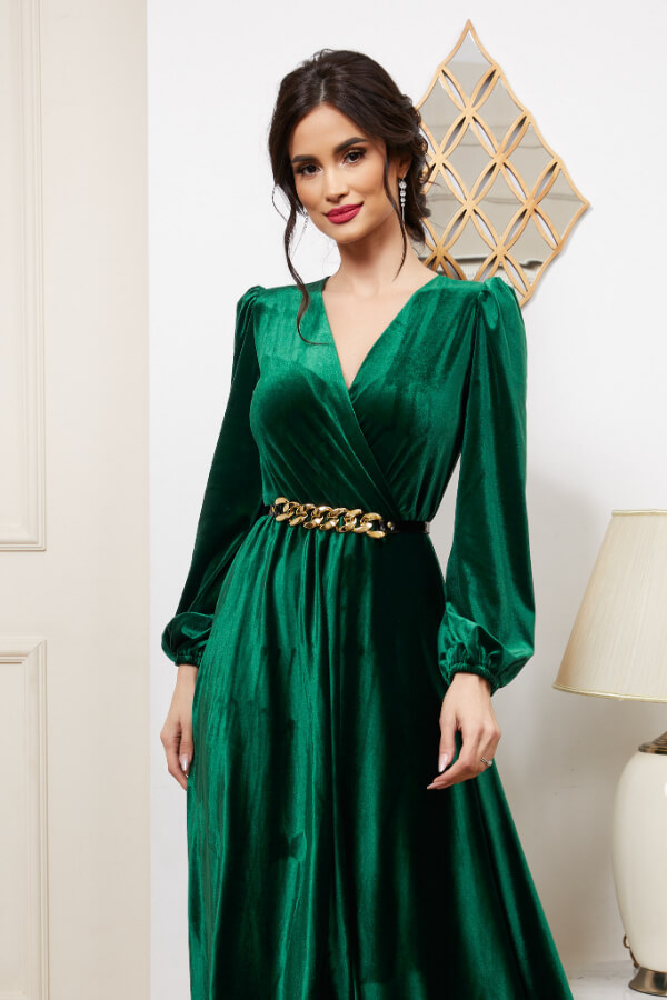 rochie cu maneca lunga de ocazie midi verde din catifea