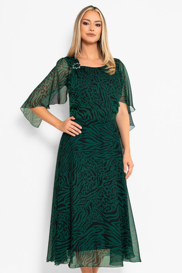rochie din voal negru-verde midi cu model abtract si maneca scurta ampla