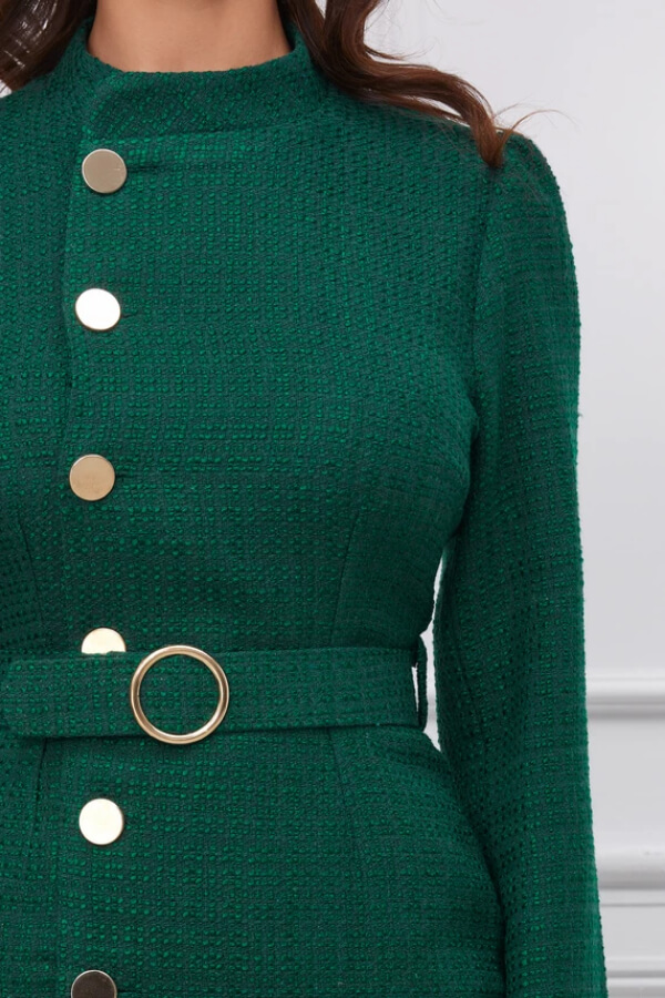 rochie verde tip sacou casual de iarna din tweed, verde, cu nasturi si curea