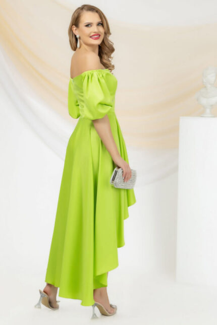 rochie de dama asimetrica din satin verde lime cu umeri goi